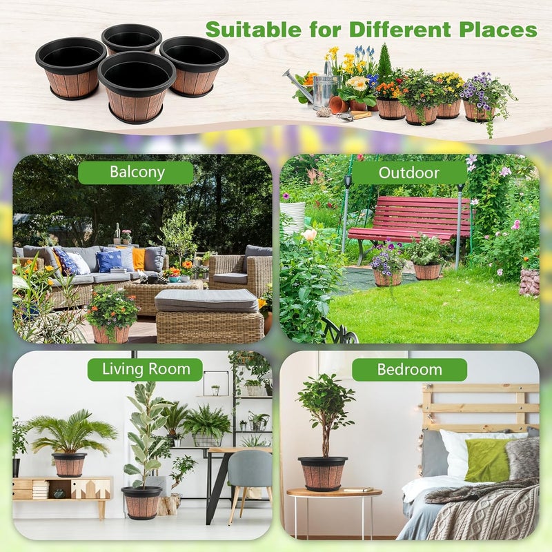Quarut 4 Pack 12 inch Plant Pots,Whiskey Barrel Planters with Drainage Holes & Saucer,Plastic Decoration Flower Pots Retro Design,Planters for Outdoor Indoor Garden Home Plants (Brown) - Image 4